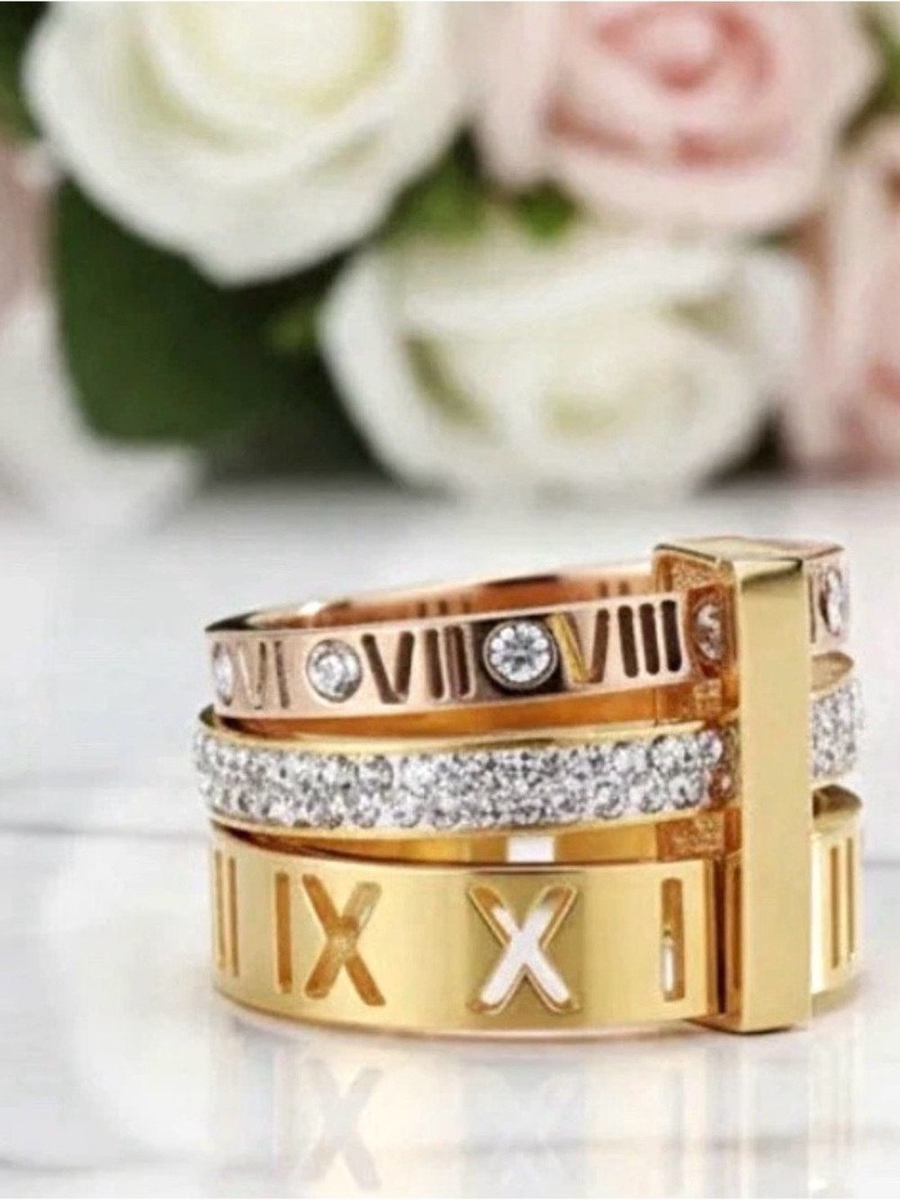 Gold-Tone Stackable Roman Numeral Ring Set with Pavé Accents